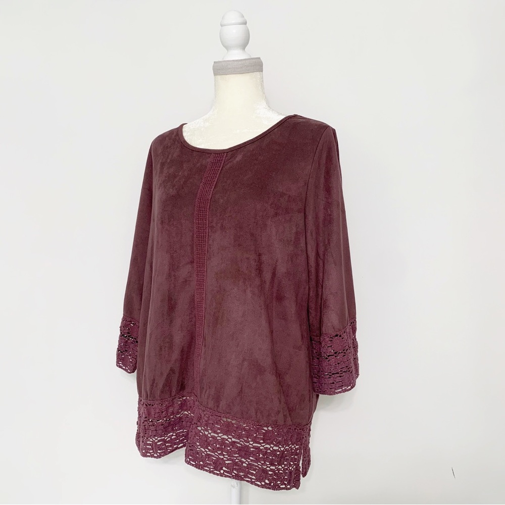 Soft Surroundings “Susina” Sueded and Lace Tunic Top in Eggplant - Size M